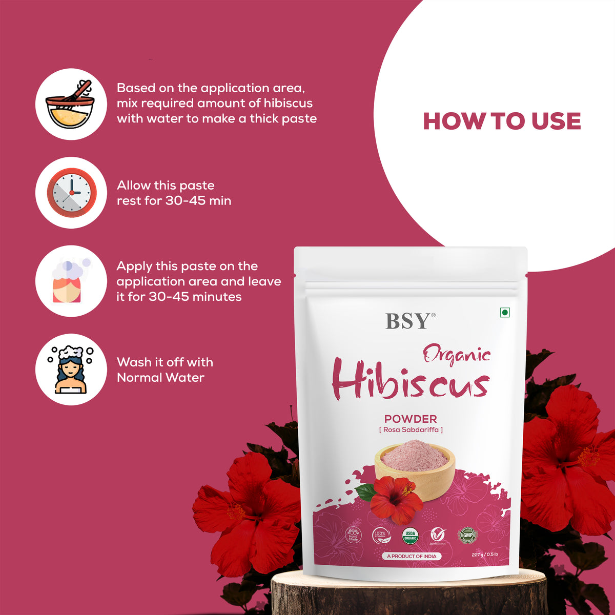 BSY Organic Hibiscus Powder Organic - (227 g) I Hibiscus Tea, Smoothies, Drinks | Hibiscus Powder for Hair, Face and Skin